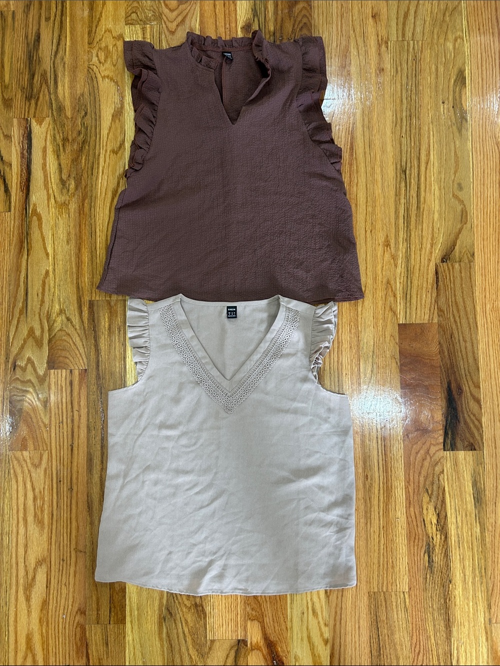 2 SHEIN Brown and Beige Ruffle Sleeve Tank Tops